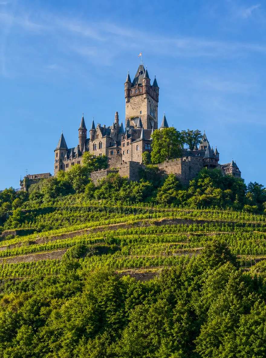 The Reichsburg castle above Cochem with vineyards and the Moselle below
