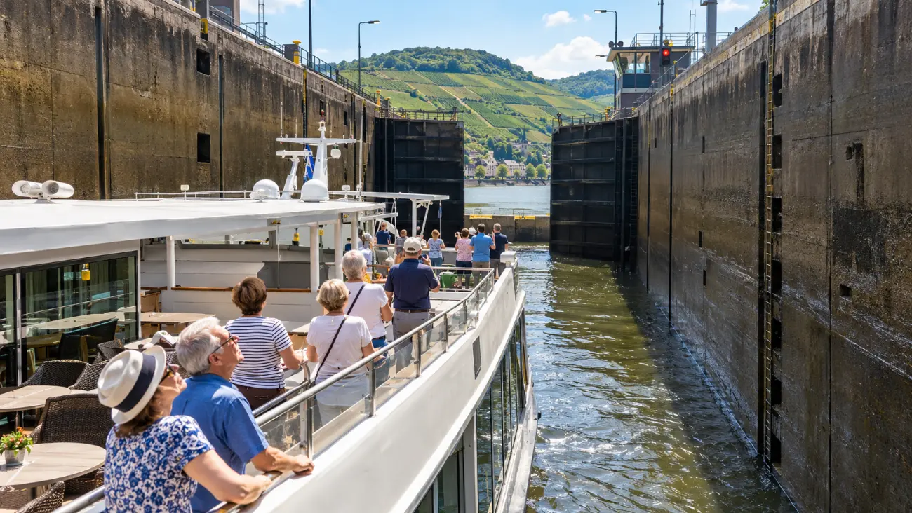A river boat rising inside a Moselle lock chamber